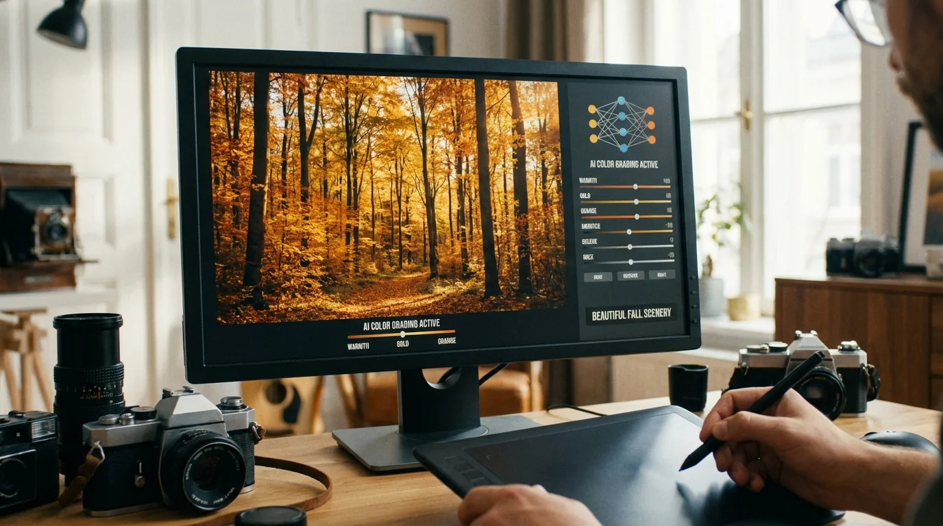 AI秋日修图调色：把照片调出金黄色秋天氛围感