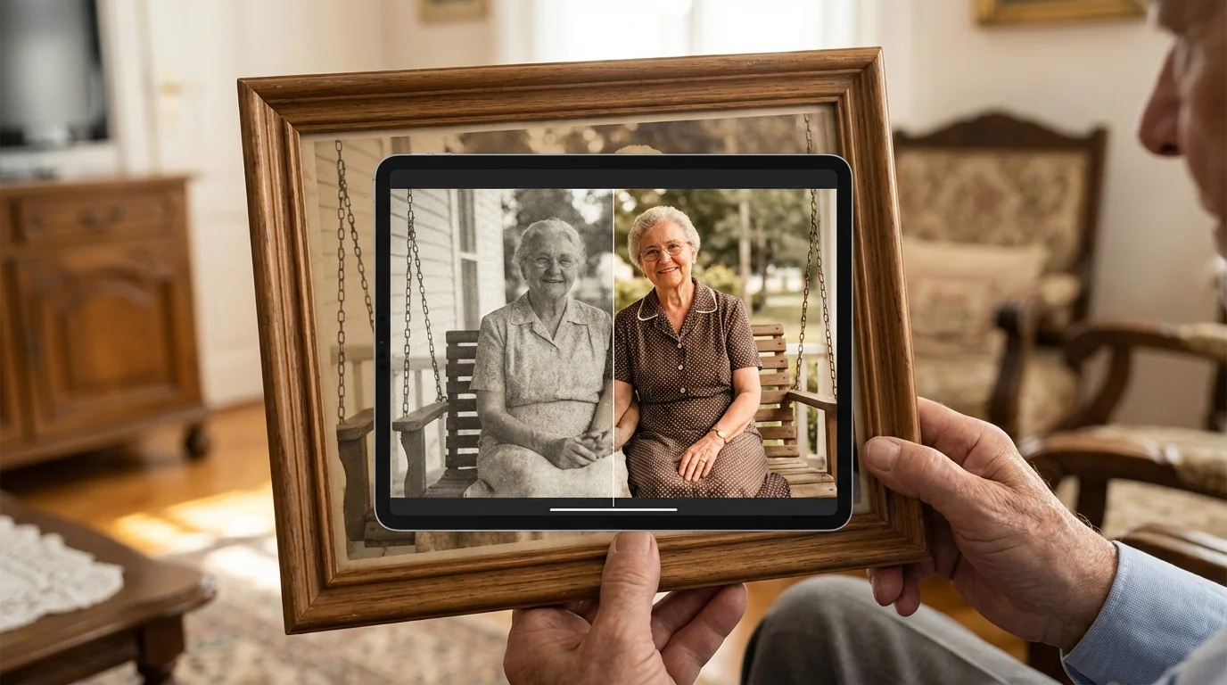 给大爷大妈修老照片用AI：长辈照片修复零门槛教程 - FlowPix