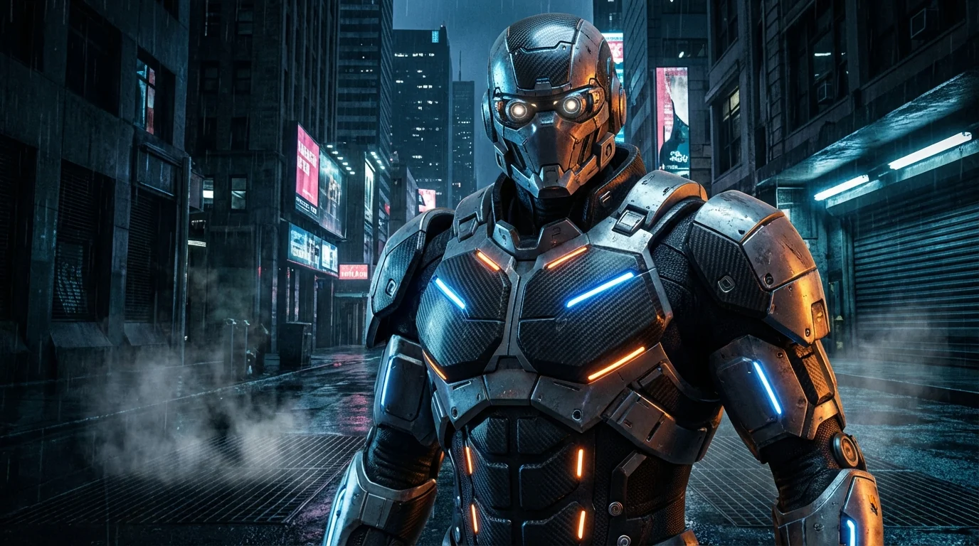 AI机甲修图：打造赛博朋克机械战甲特效照片 - FlowPix