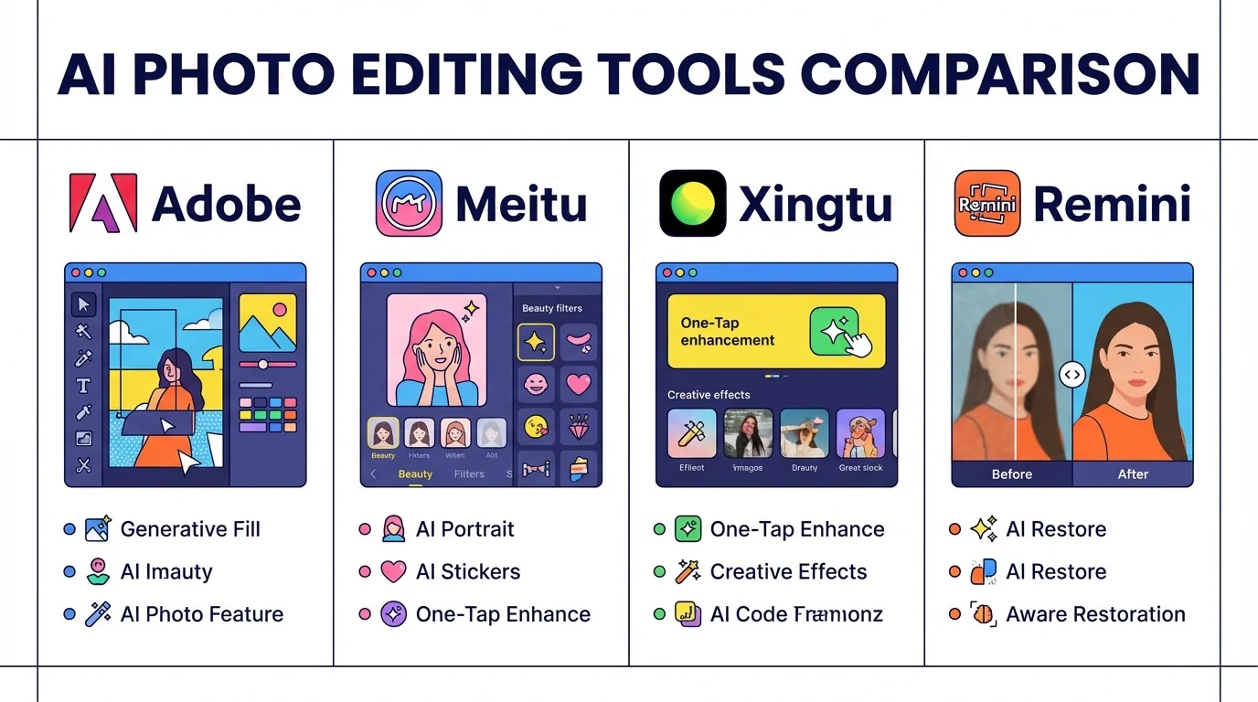 各家AI修图工具横评：Adobe vs 美图 vs 醒图 vs Remini - FlowPix