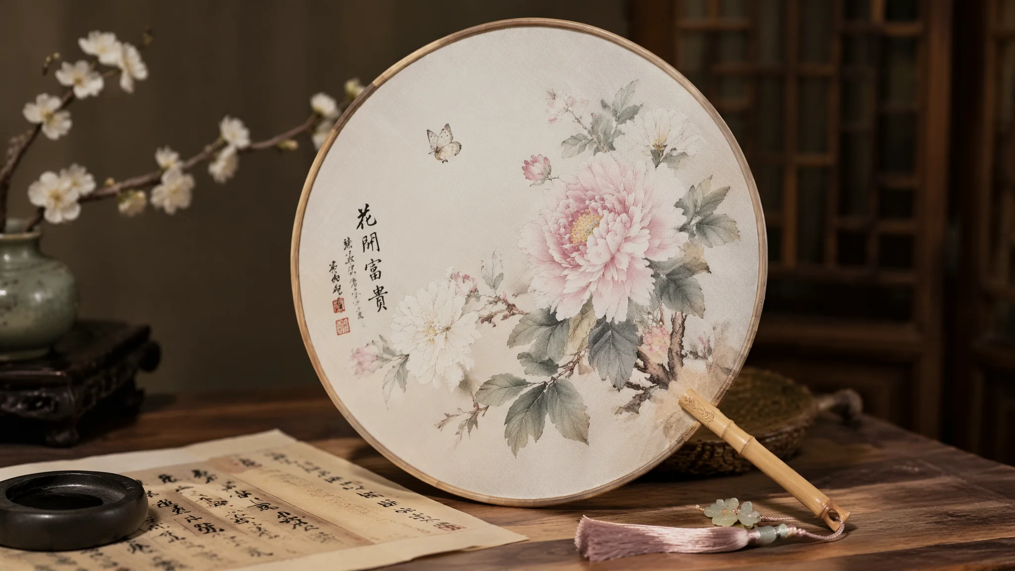 AI团扇绘画：中国古典绢面团扇的国风花鸟仕女Prompt全攻略