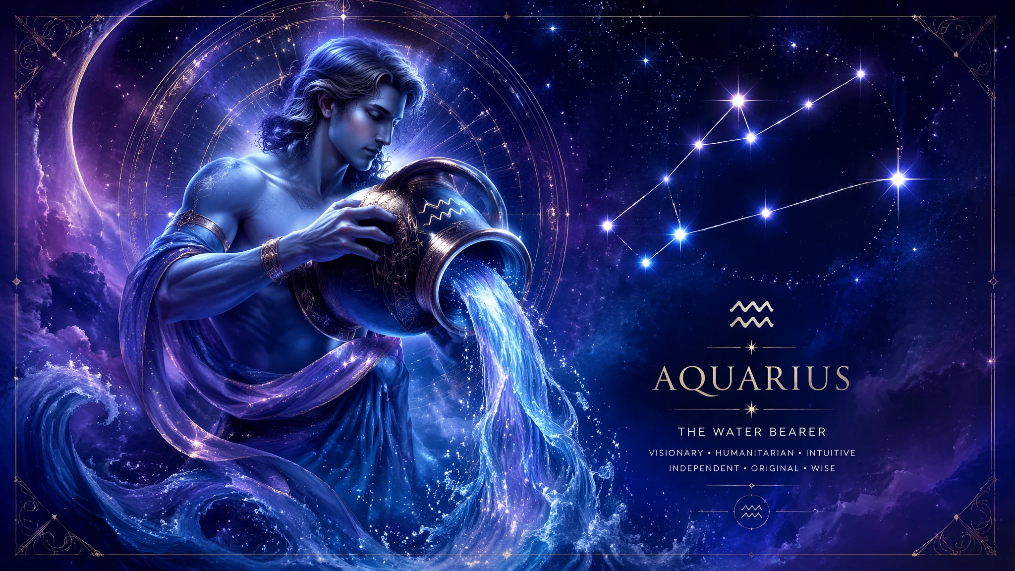 AI水瓶座主题绘画：星座符号与流水元素的视觉创意设计