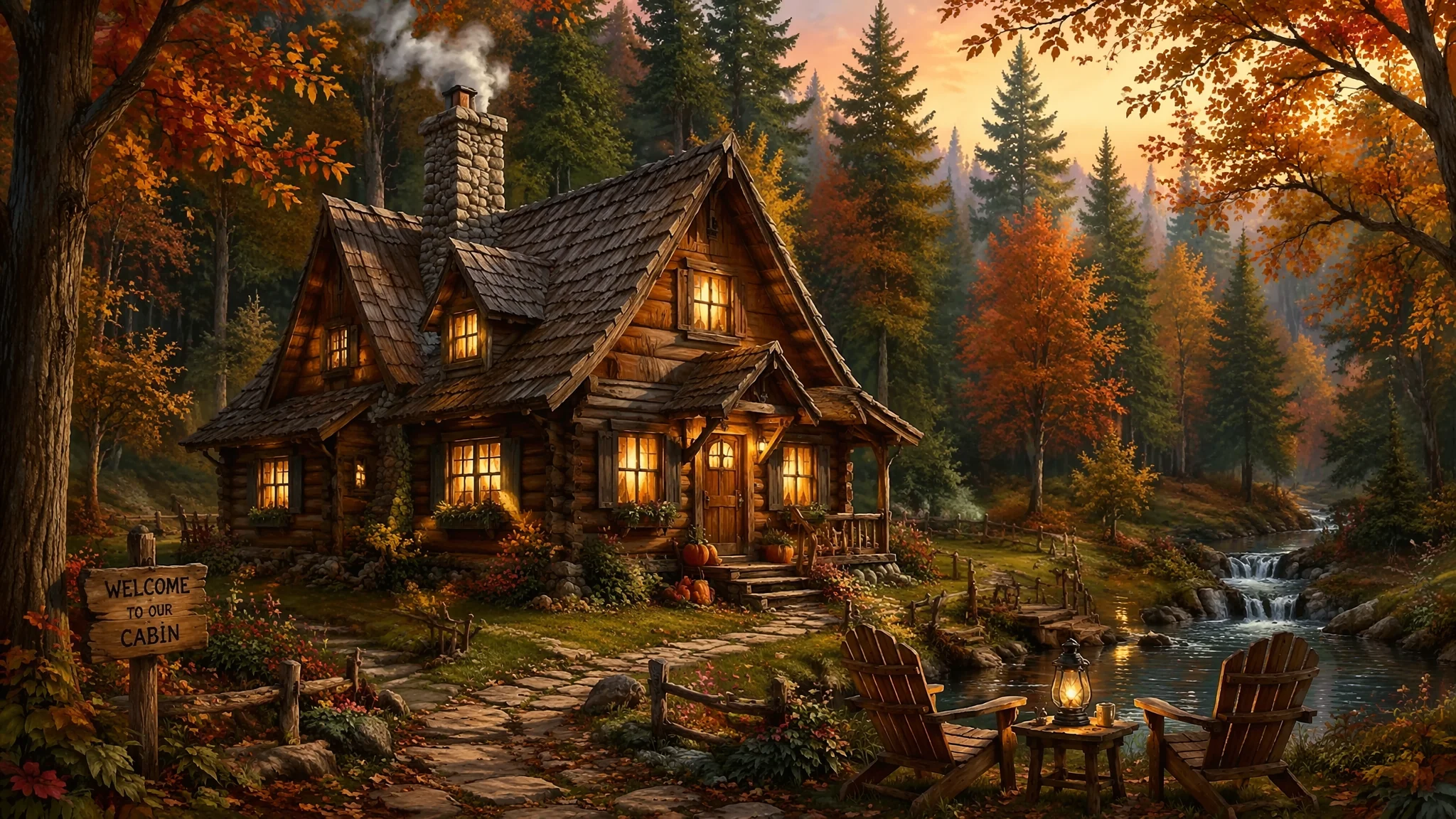 AI林中小屋绘画：森林木屋与世外桃源的温馨隐居视觉创作