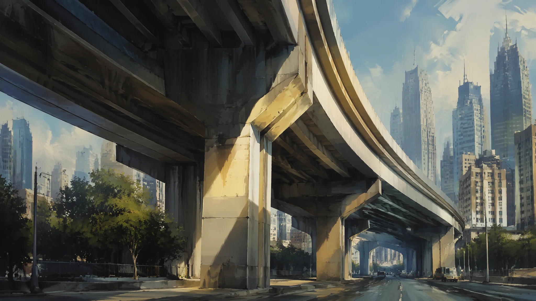 AI天桥场景绘画：城市立体交通与钢筋水泥的都市景观创作