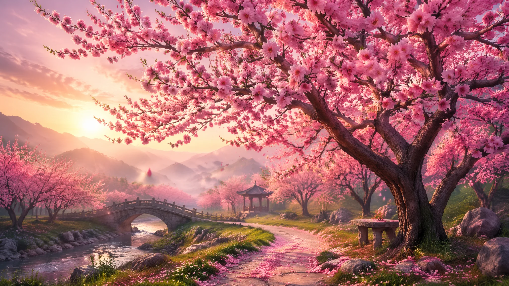AI桃花树绘画：春日花海与粉红浪漫的自然风景创作指南