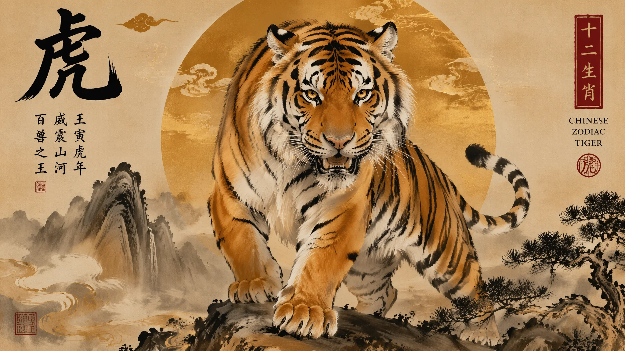 AI寅虎生肖绘画：中国虎年威风凛凛的百兽之王视觉设计