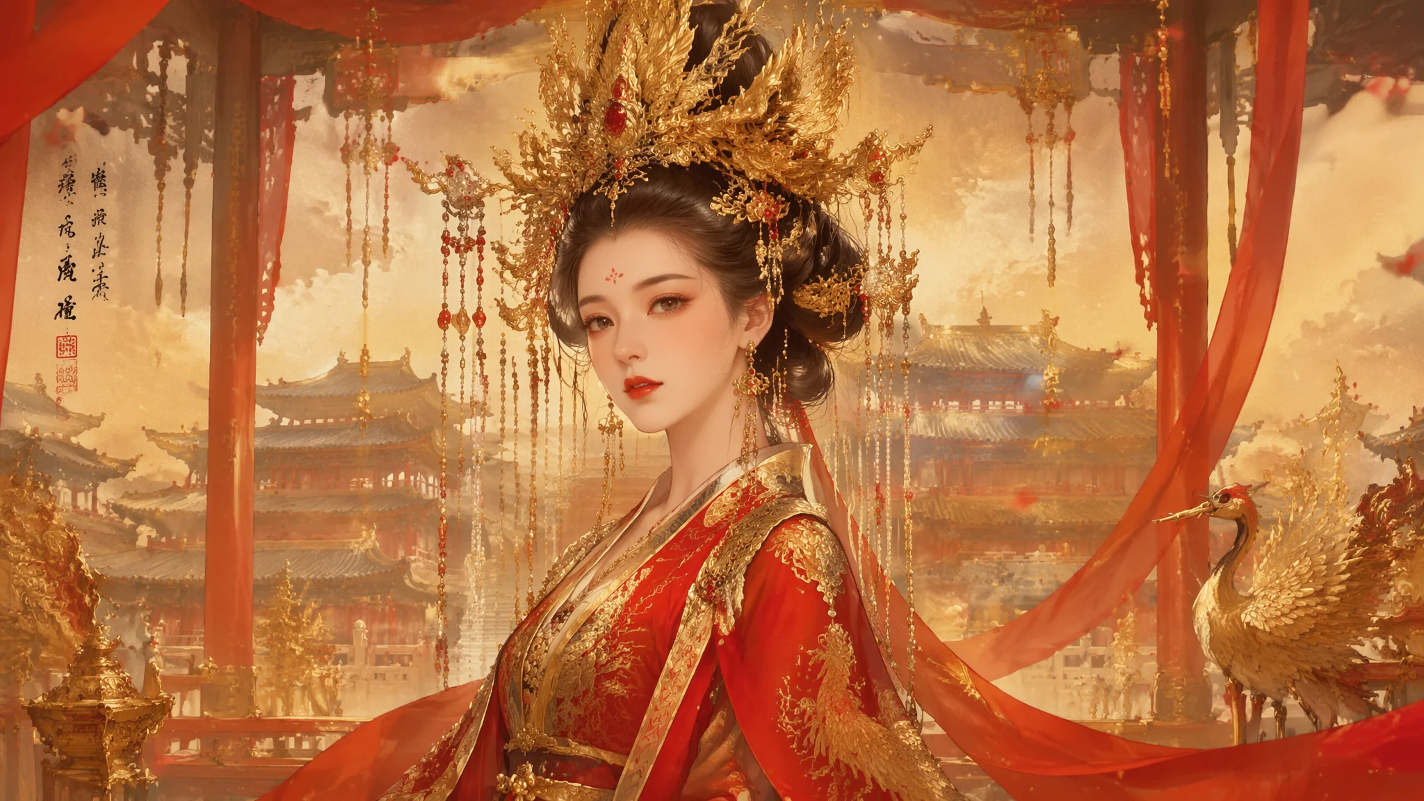 AI古风女王绘画：华丽凤袍与至尊气场的中国风女帝角色视觉设计