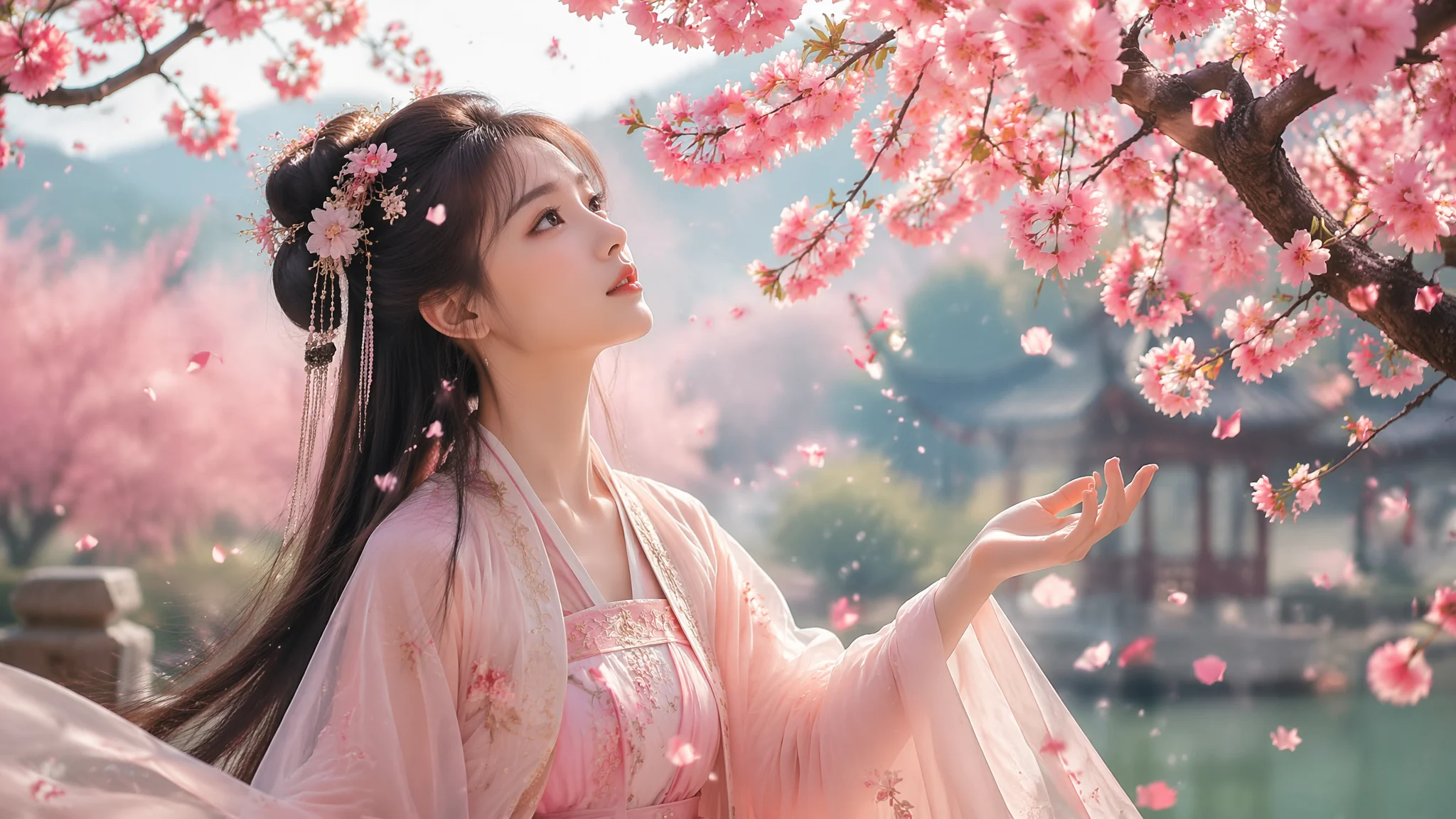 AI桃花仙女绘画：桃花树下的唯美古风女性角色视觉设计创作