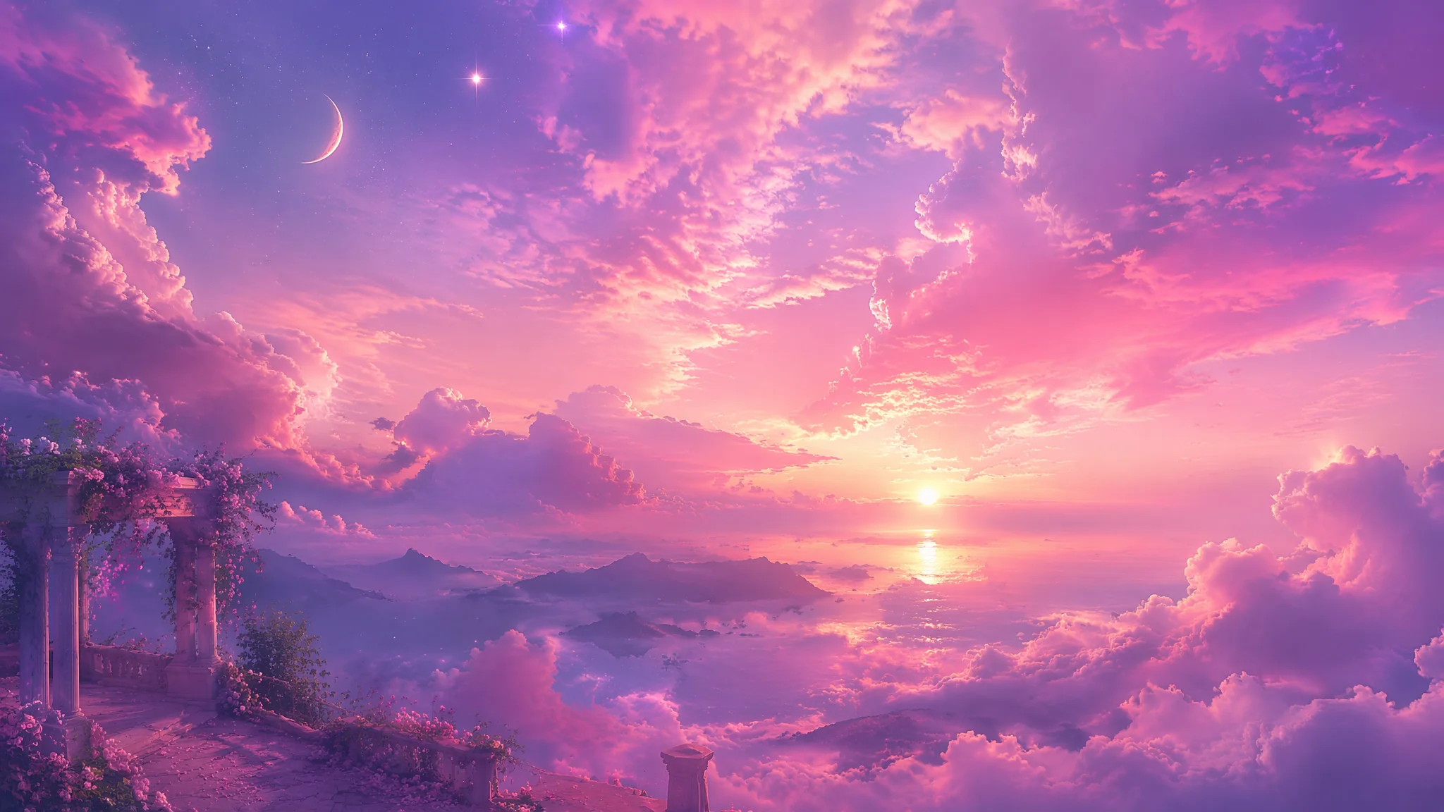 AI粉色天空绘画：梦幻晚霞与少女心色调的浪漫风景视觉创作