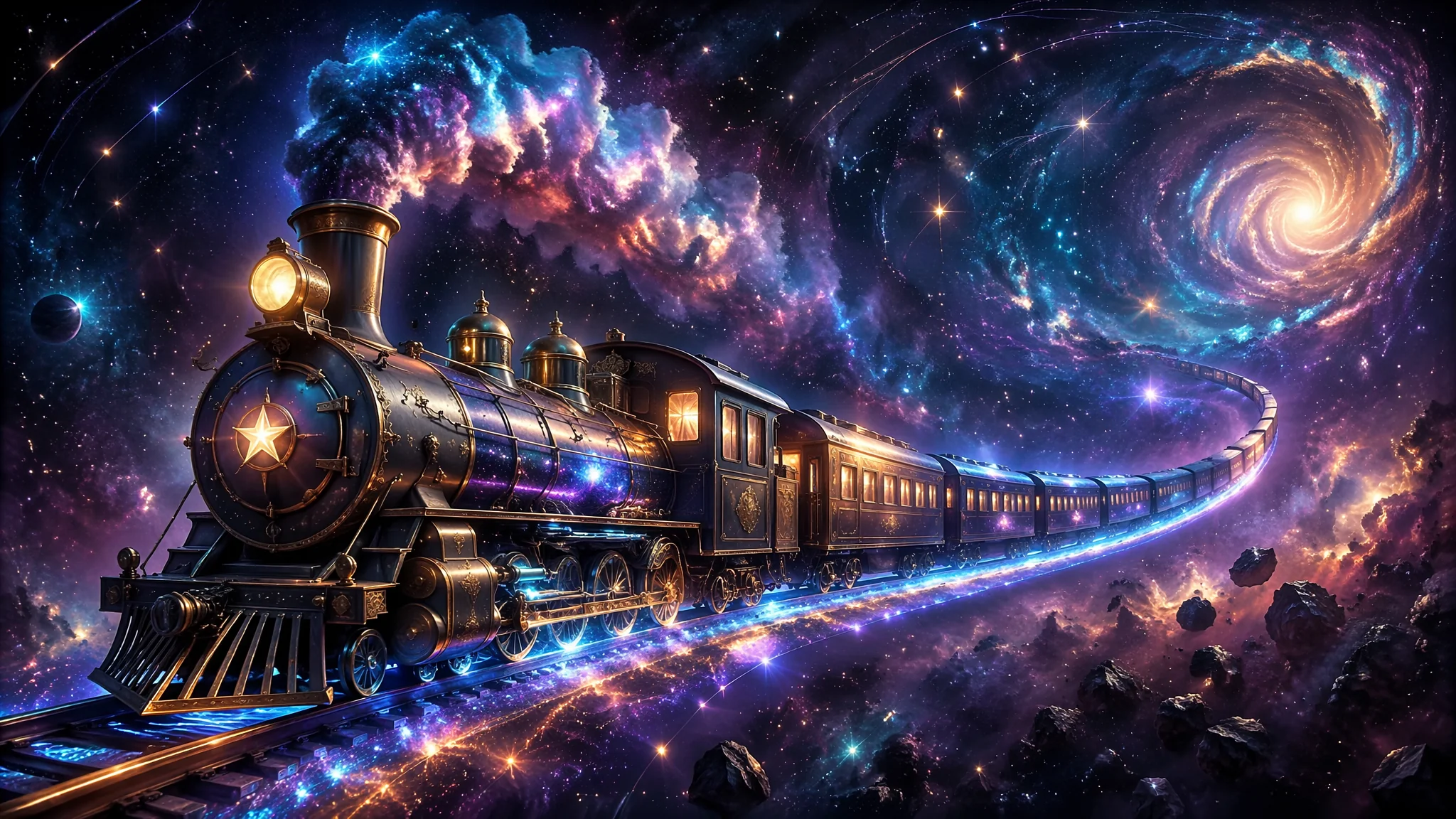 AI星际列车绘画：宇宙铁路与太空旅行的科幻概念视觉设计