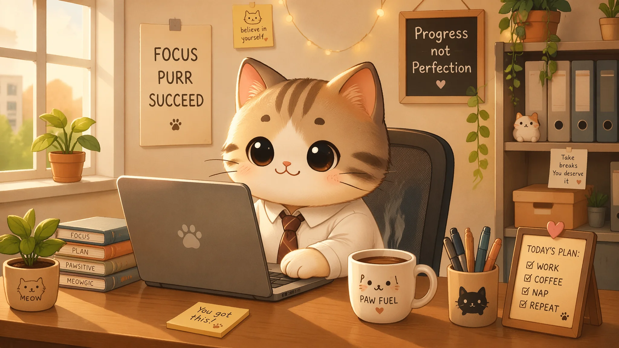 AI绘画猫工作场景怎么画？萌系职场构图法