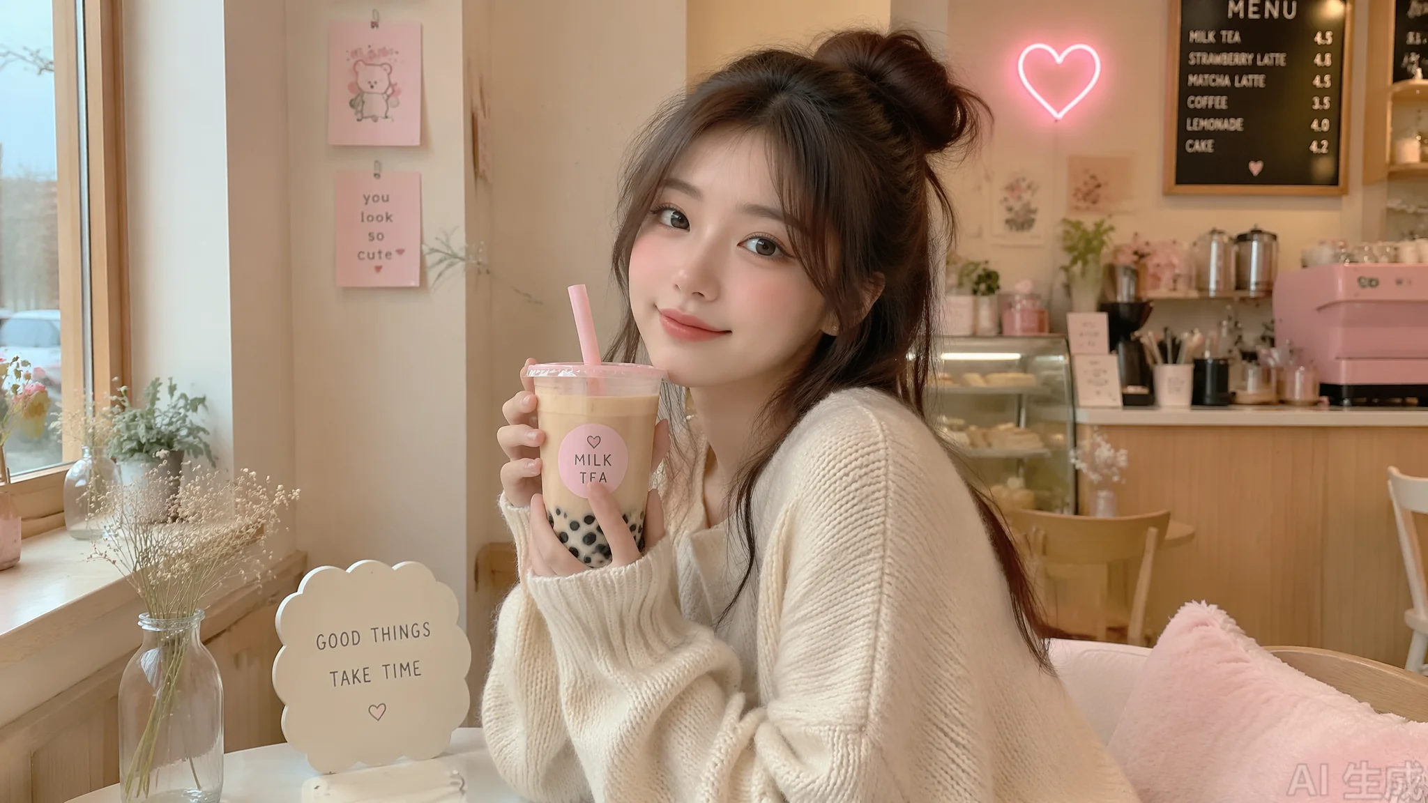 喝奶茶AI绘画怎么画？少女手持奶茶的温馨场景提示词