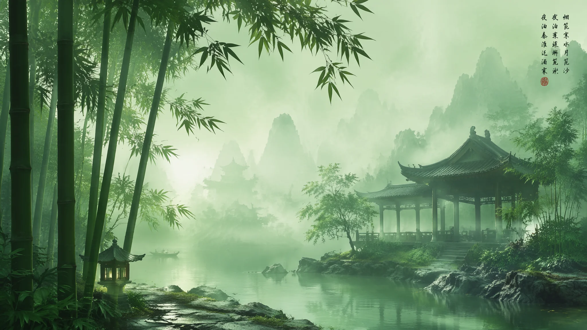 AI绘画绿色古风怎么做出意境？青绿色调场景提示词与构图