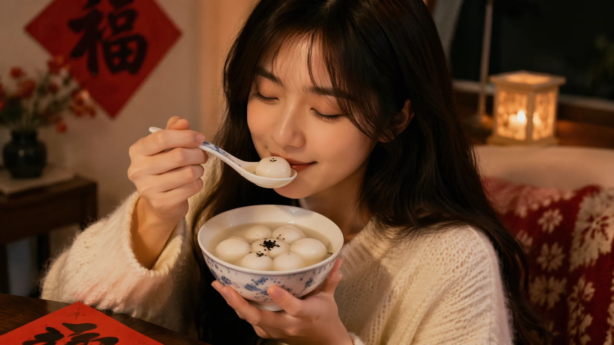 AI绘画吃汤圆温馨场景创作