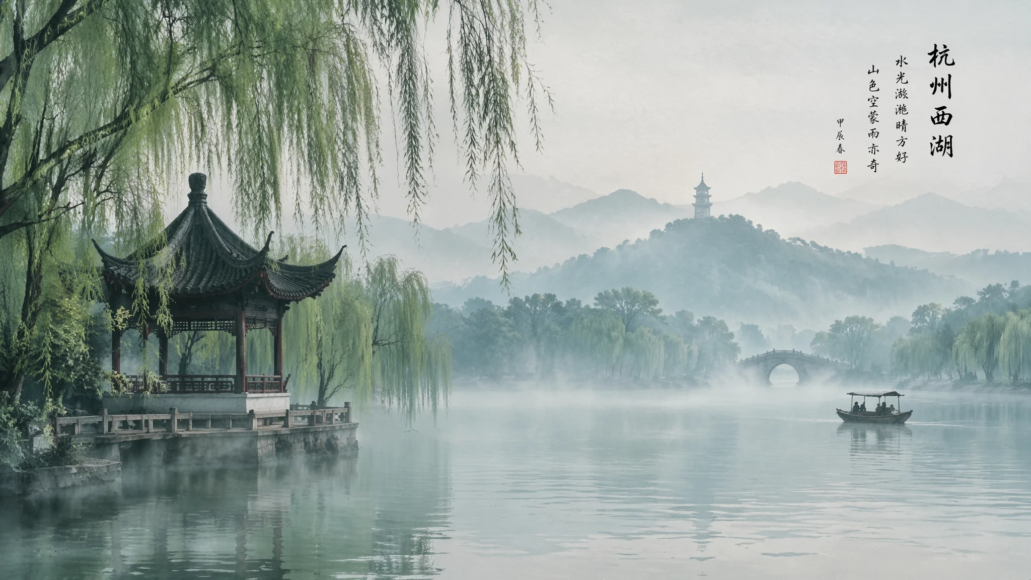 AI绘画杭州西湖：西湖美景水墨意境