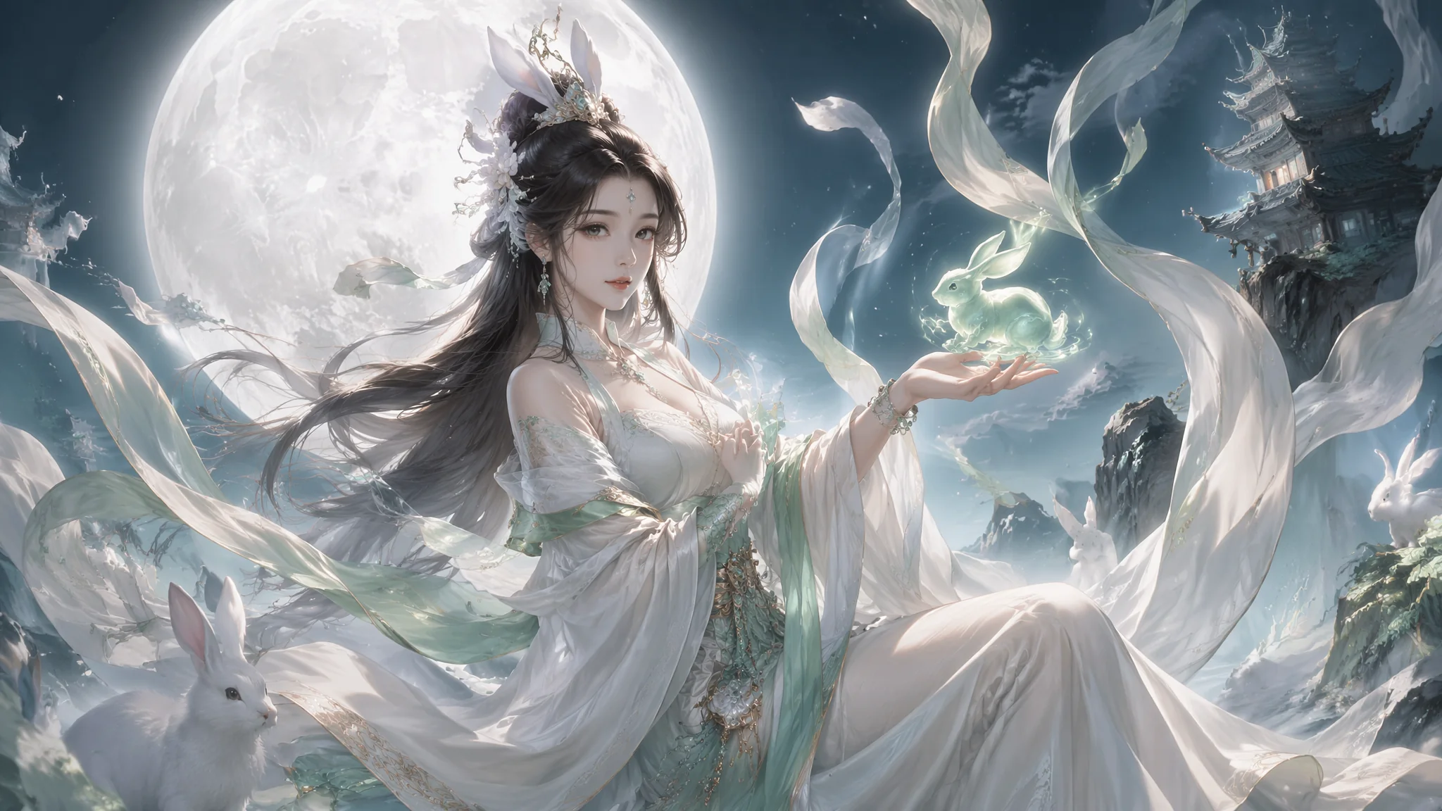 AI绘画玉兔精角色：唯美古风玉兔精灵设计