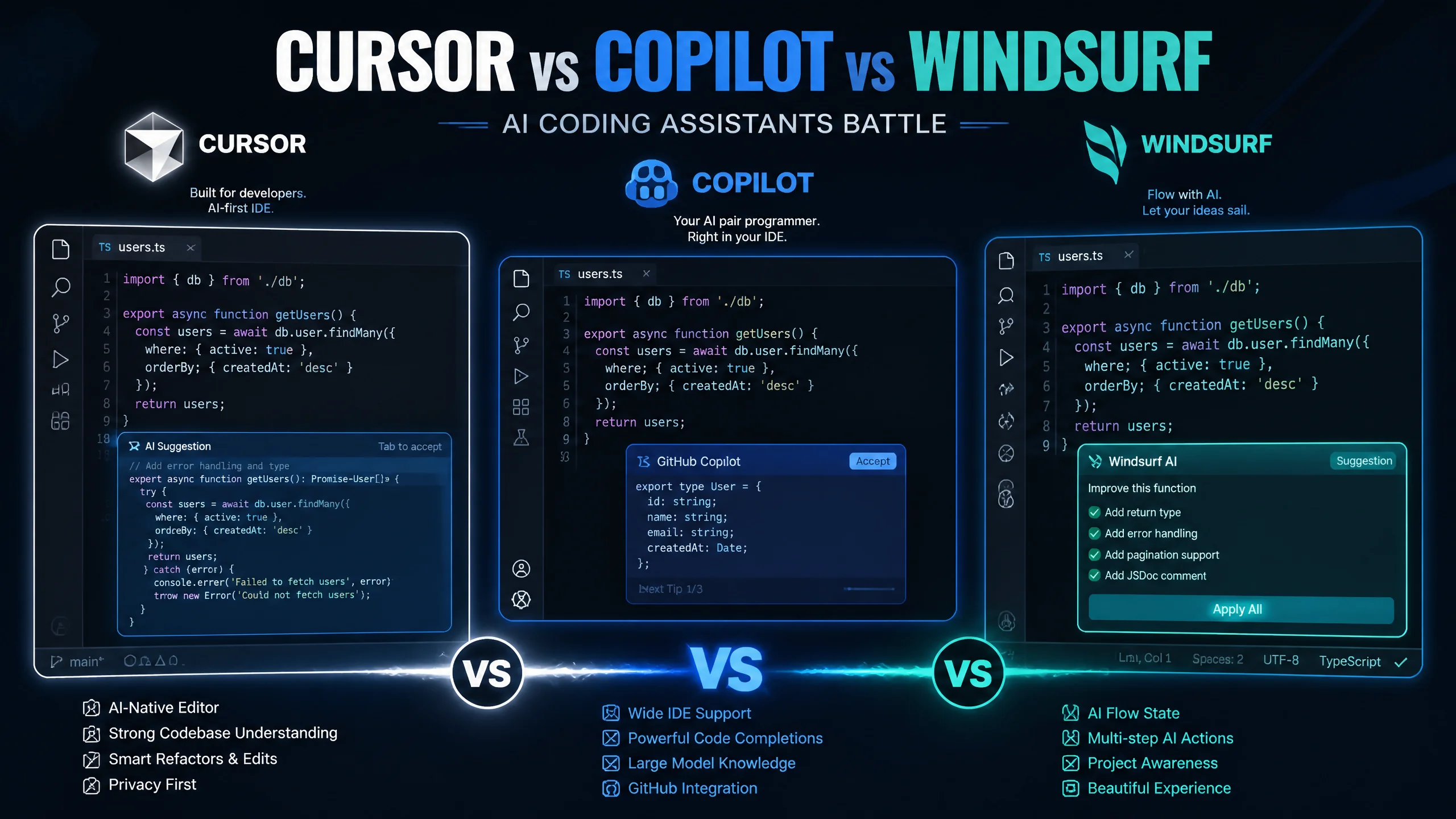 Cursor vs Copilot vs Windsurf：AI写代码工具实测谁更强