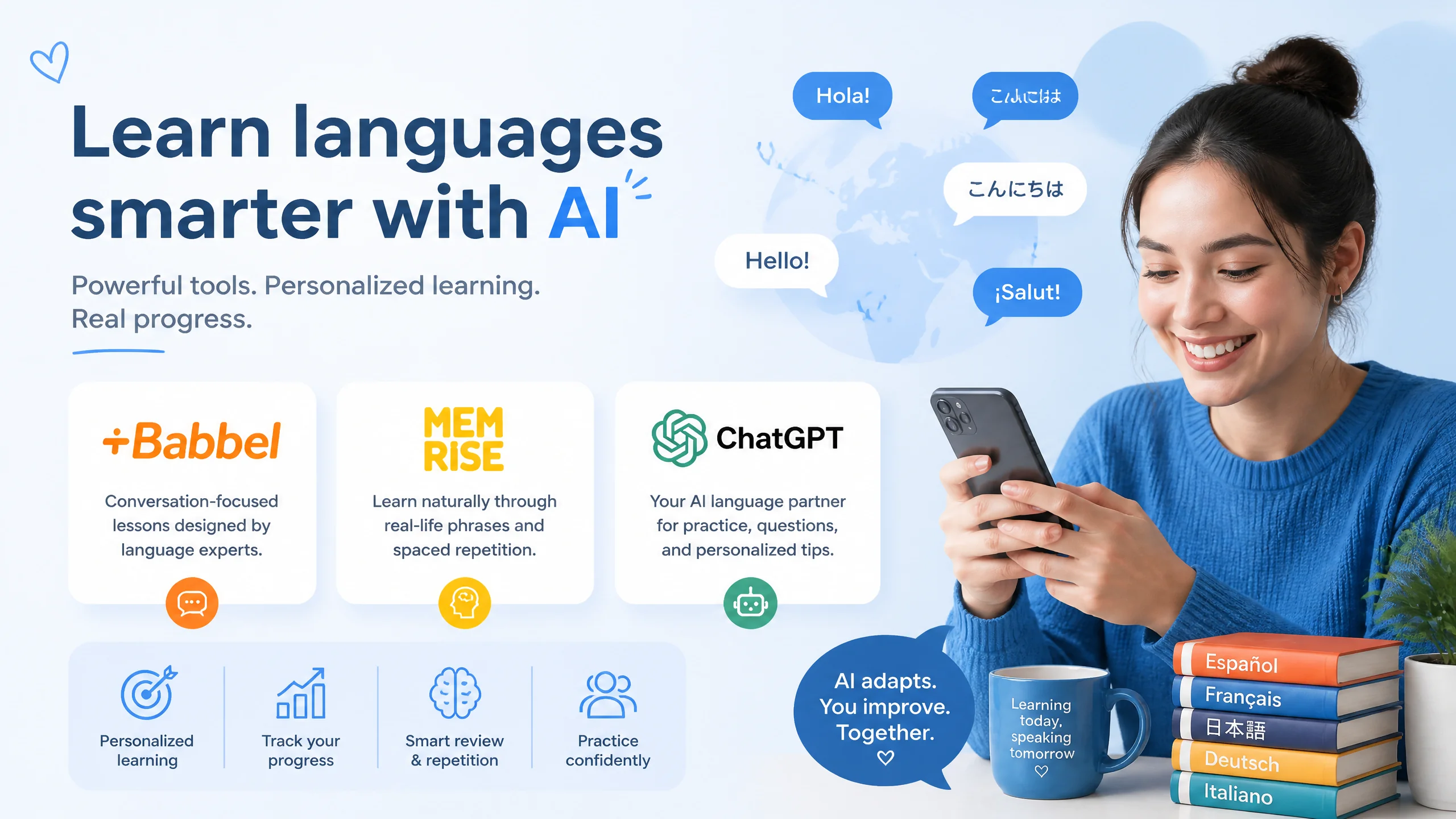 Babbel AI Memrise ChatGPT AI语言学外语工具对比示意图