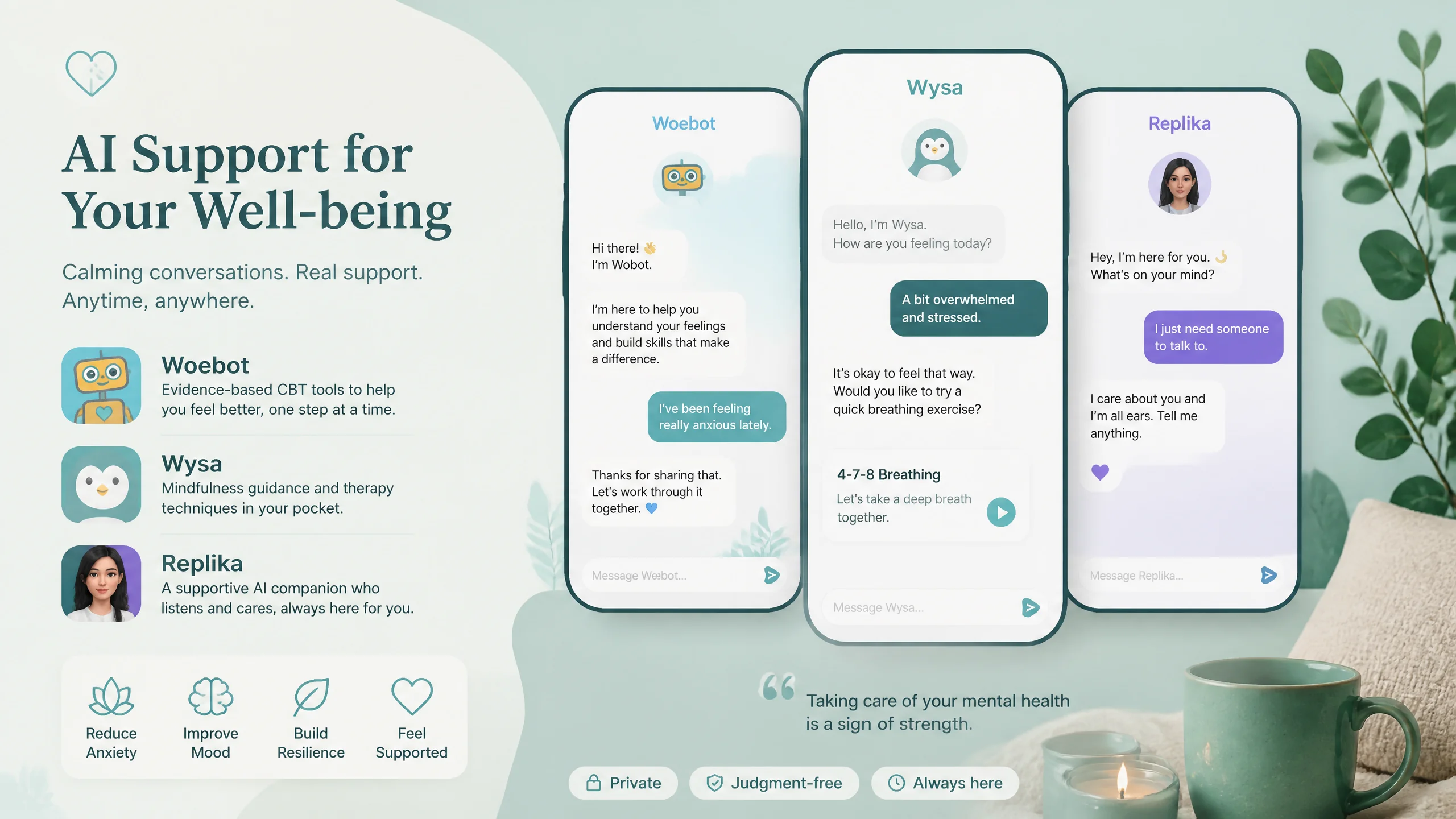 Woebot Wysa Replika AI心理健康工具对比示意图
