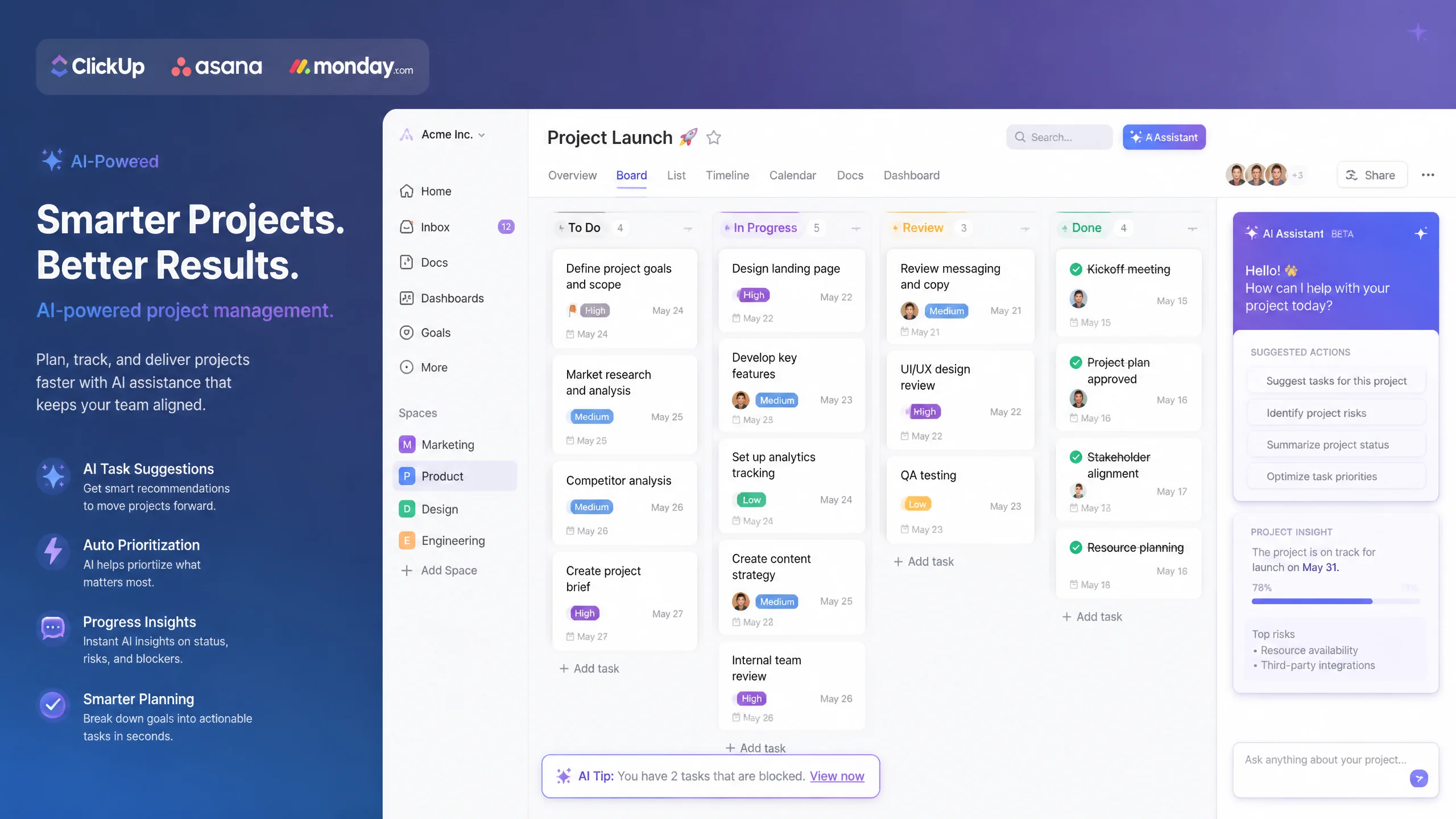 ClickUp Asana Monday AI项目管理工具对比示意图