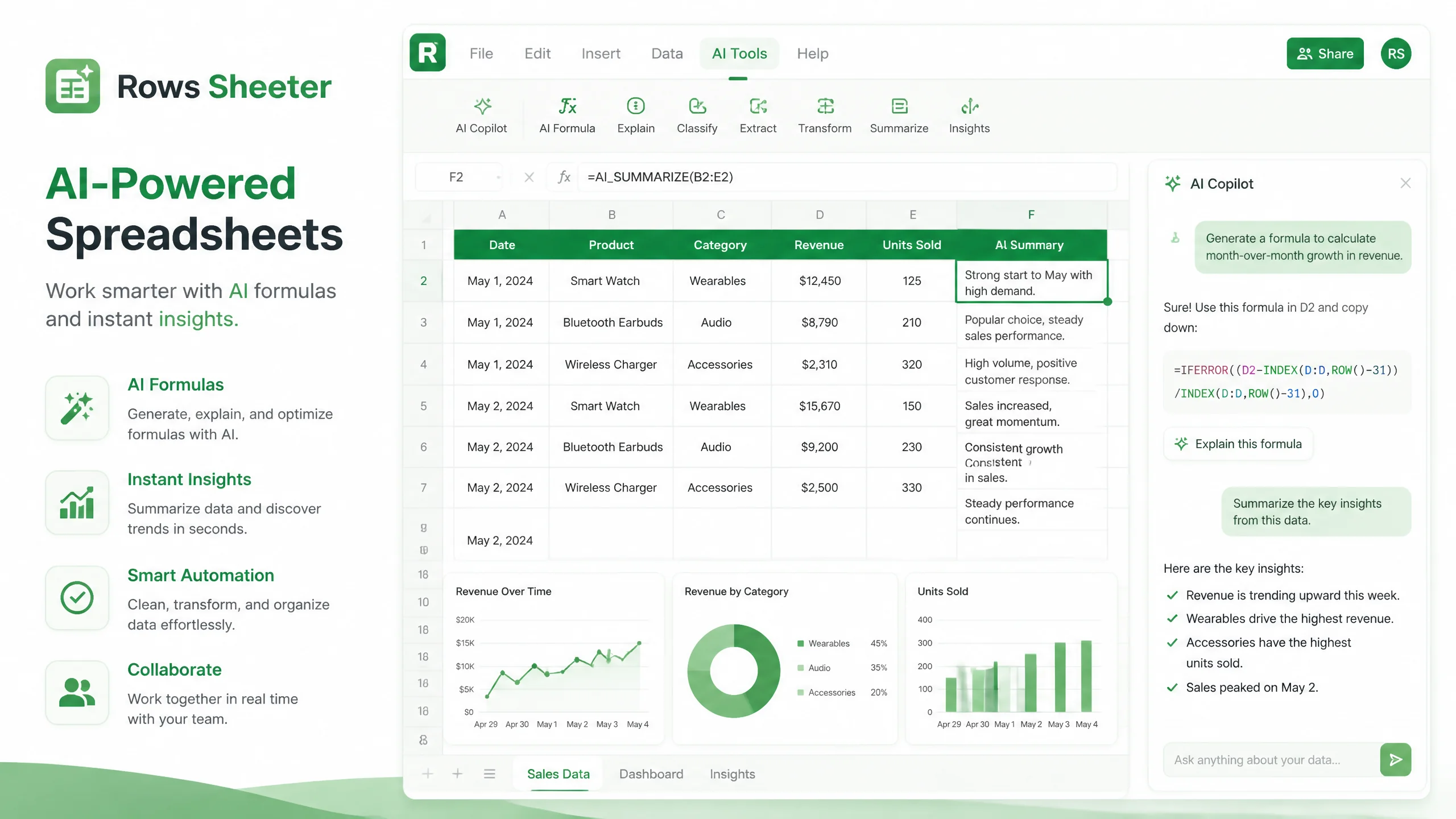 Rows Sheeter Excel Copilot AI表格工具对比示意图