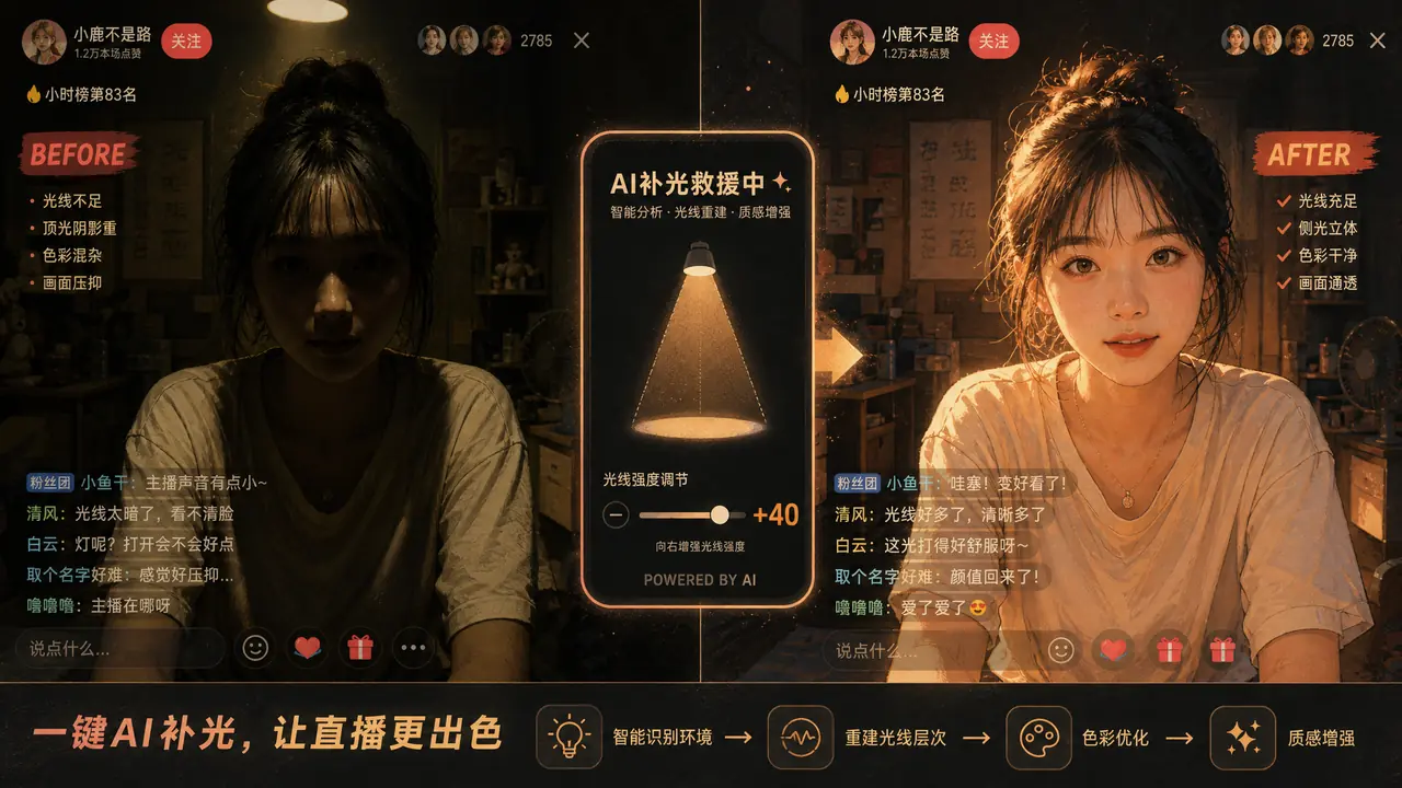AI修图打光能救废片吗？直播间运营的补光实验