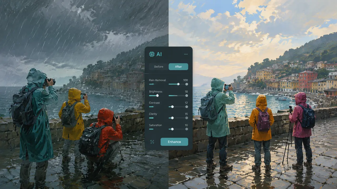 下雨修图AI怎么救阴天？旅拍团遇上台风尾的实录