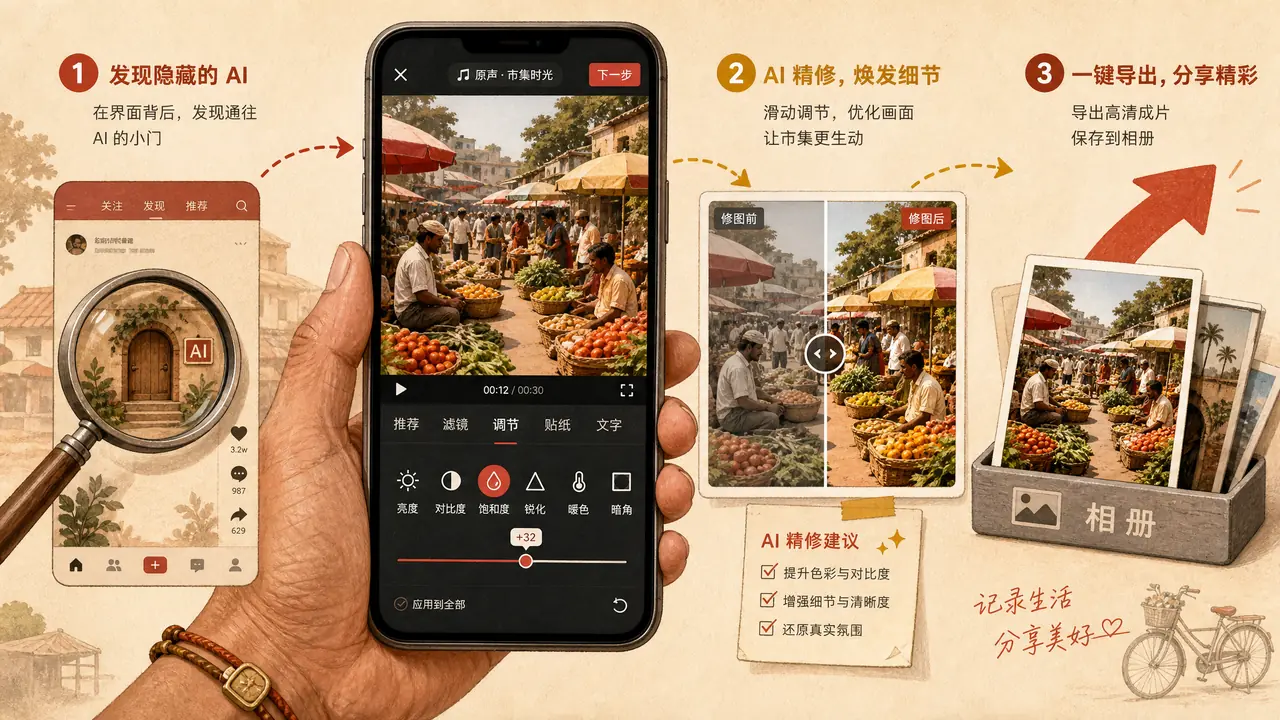 快手AI修图在哪？短视频老手找入口和导出的过程