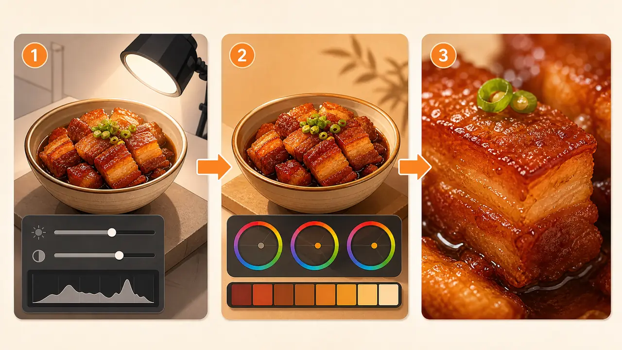 美食修图AI的出片顺序：先修光再修色最后修质感
