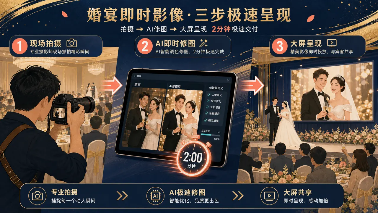 即时AI修图快在哪里？婚礼现场即拍即投屏的实测