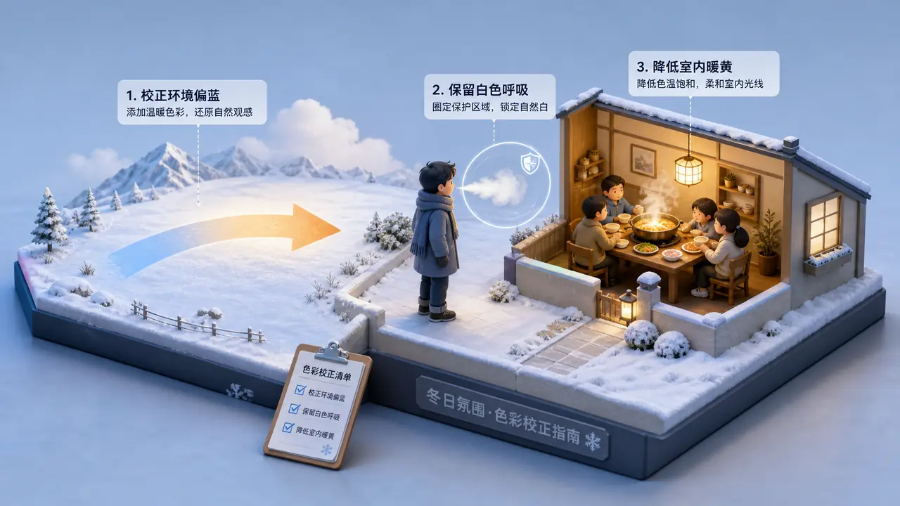 冬日ai修图场景清单：雪地、哈气、室内暖光分开治
