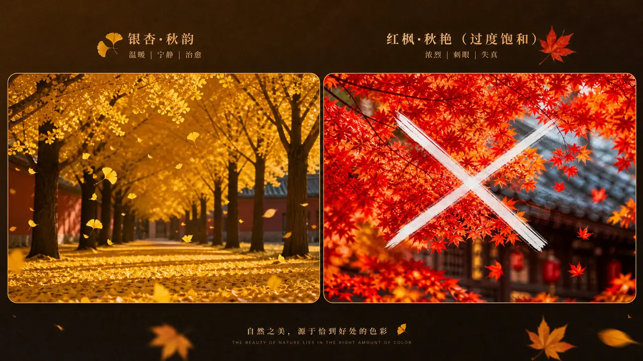 秋天落叶照 ai修图怎么调？银杏和红叶的色是两回事