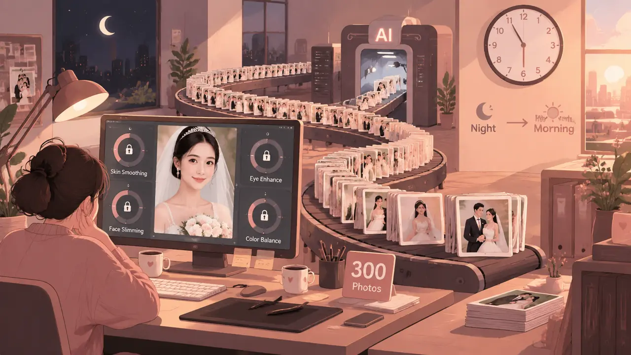 AI婚纱摄影AI修图排活法：三百张底片第二天上午交片