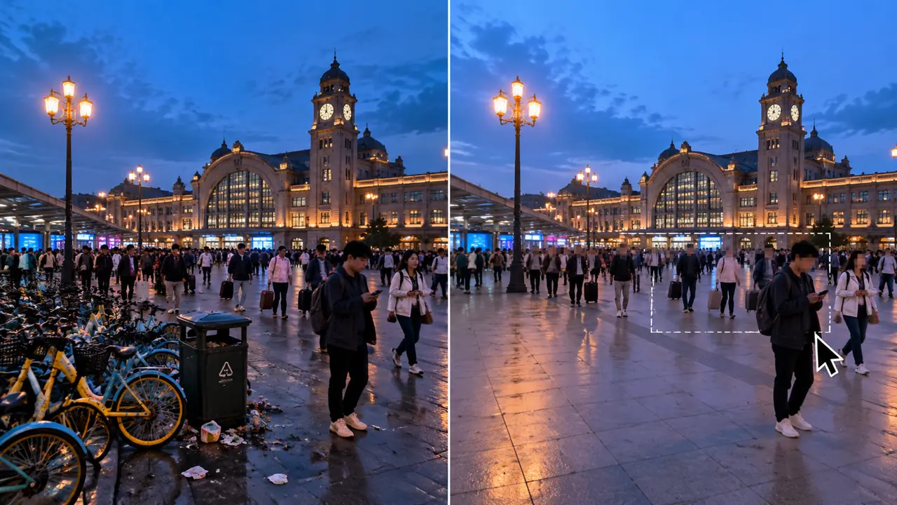 站前ai修图实录：广场抓拍的杂物清理和路人脸处理