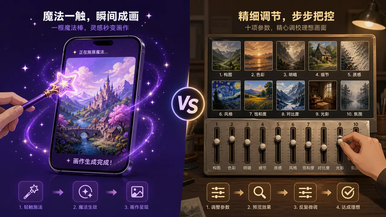 AI魔法图一键生成好不好用？和手动调参的十图对比