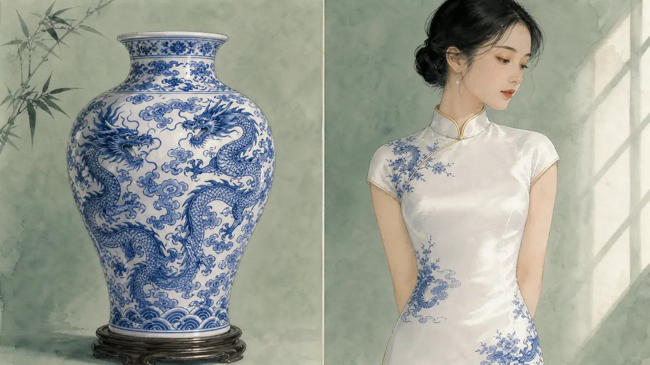 ai绘画青花瓷旗袍怎么画不显土？纹样、釉色与打光的调法