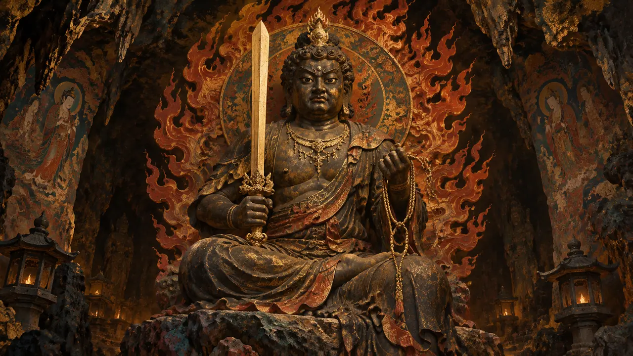 明王AI绘画实测：不动明王的火焰背光怎么画才庄严，法器细节的分寸