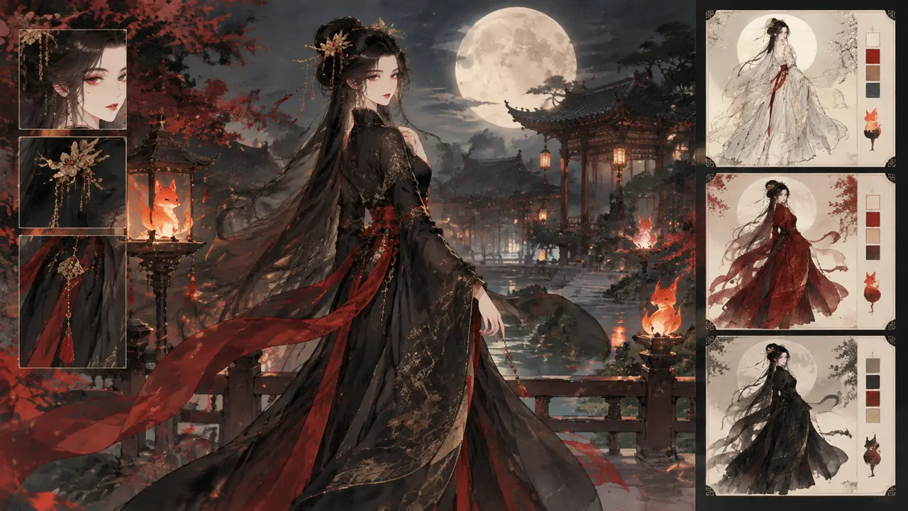 妖女ai绘画设定思路：聊斋风反派女性的服饰配色与气质塑造