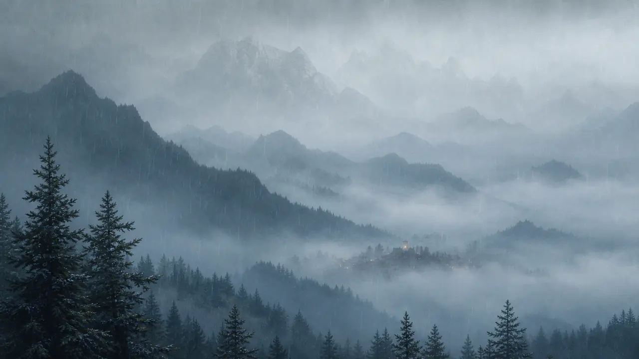 AI绘画雨雾实测：山区能见度层次和雾中灯火这样画才不糊