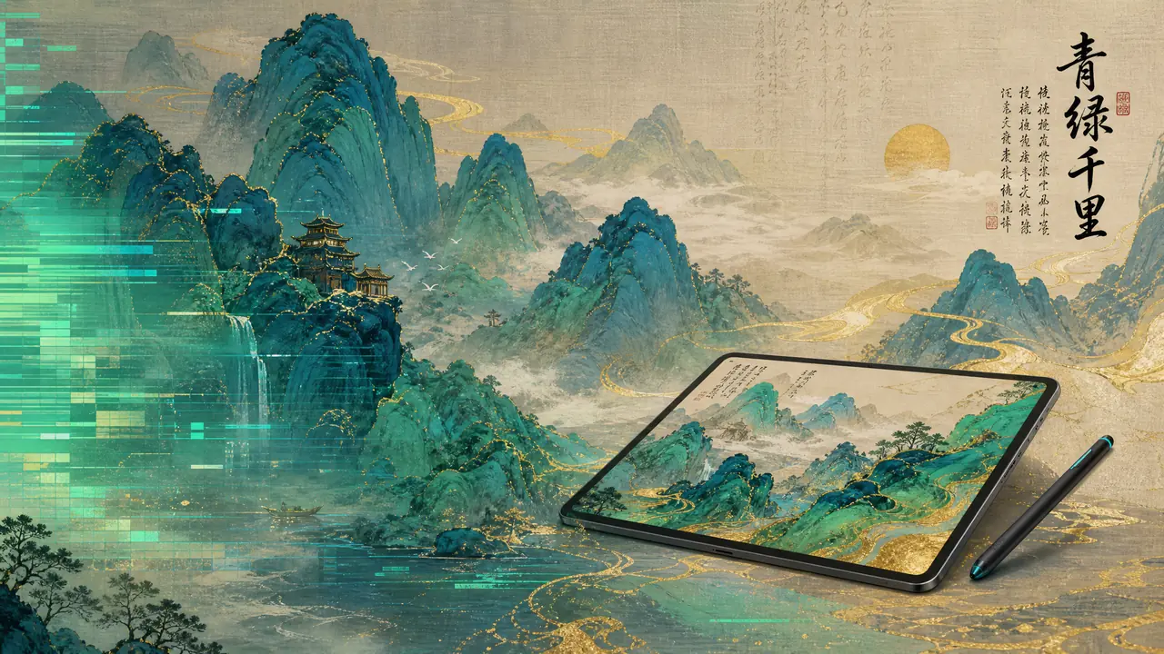 AI绘画青绿色古风实测：三步压住荧光绿，调出千里江山那口青
