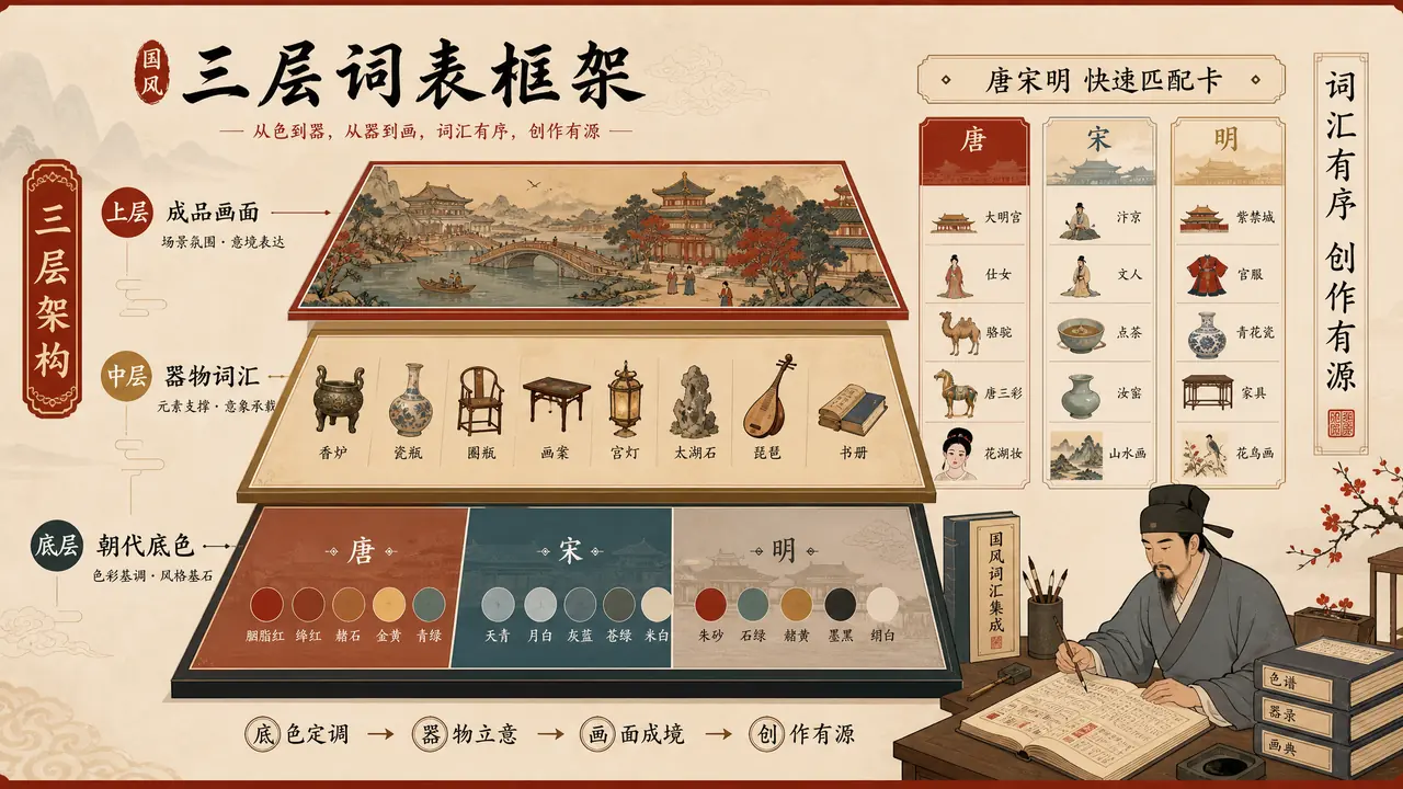 绘画古风ai词表框架：朝代底色加器物配角