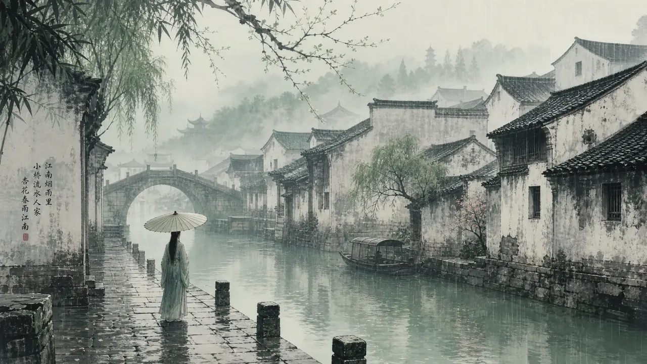 烟雨AI绘画实测：雨雾分三层写，湿墨晕染加一把油纸伞才是江南