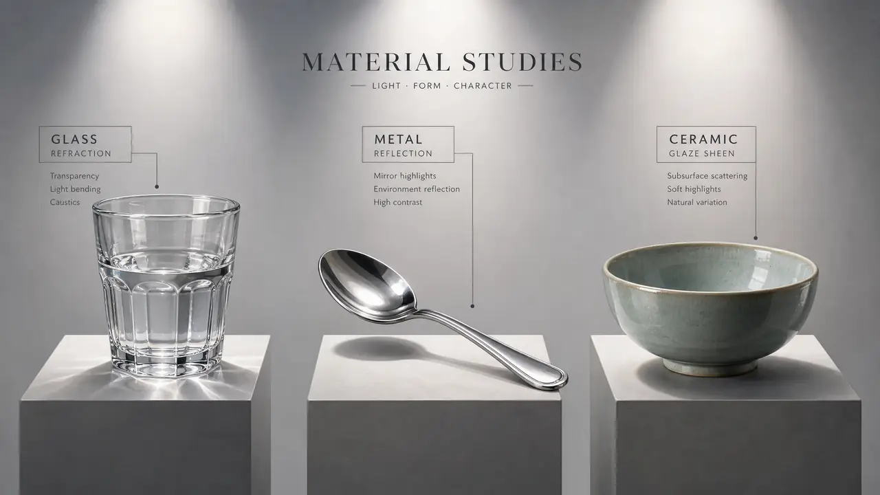 AI物体绘画实测：玻璃杯金属勺陶瓷碗的单体材质刻画