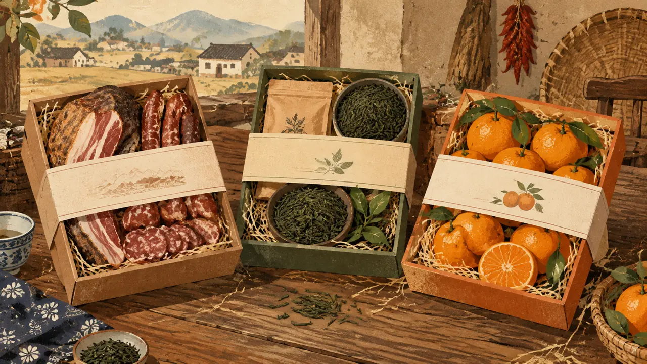 AI绘画特产礼盒实测：腊肉茶叶柑橘的包装插画怎么画出土味和质感