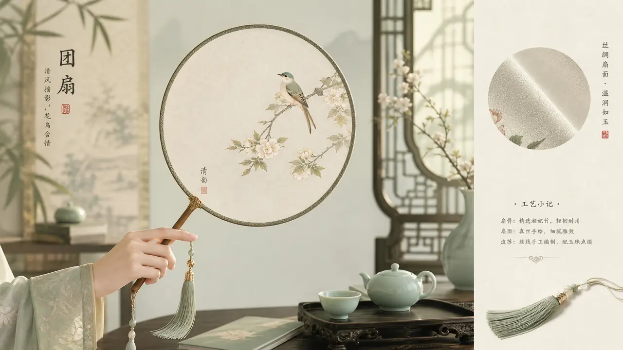 团扇绘画AI实测：圆形构图与绢本留白，从出图到制扇