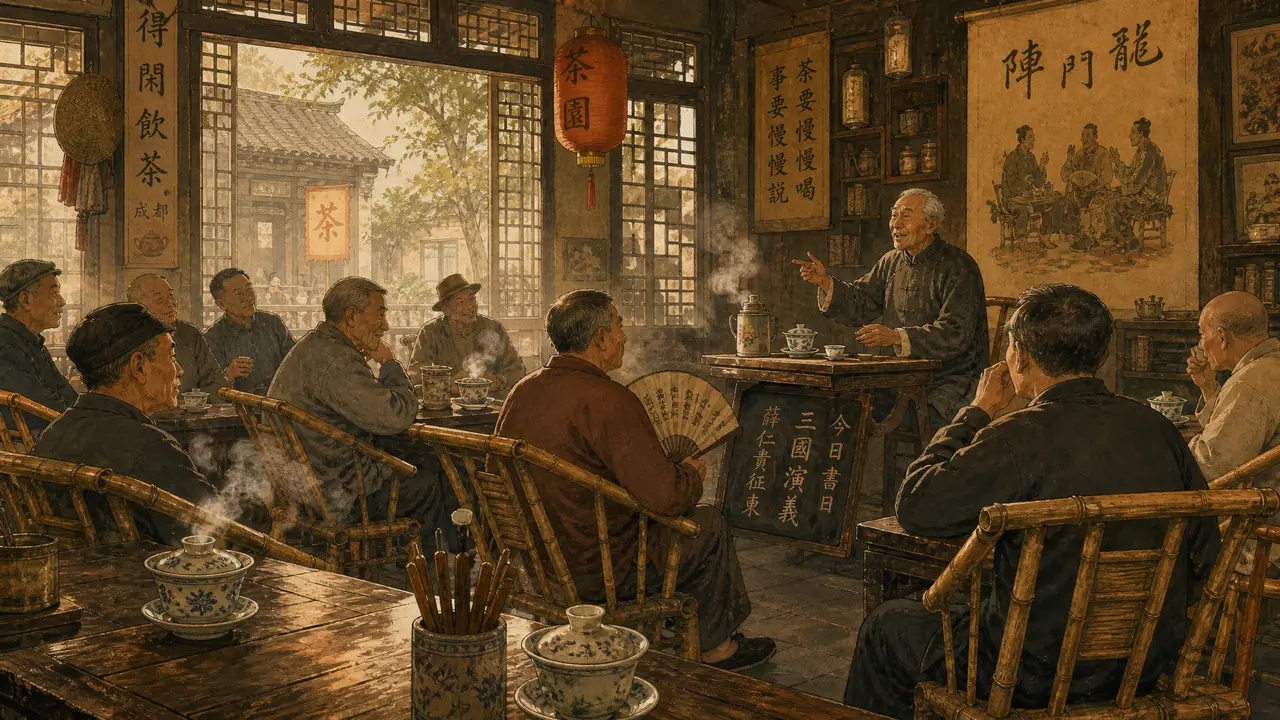 AI绘画茶馆场景实测：竹椅盖碗与氤氲茶气的老茶馆氛围画法