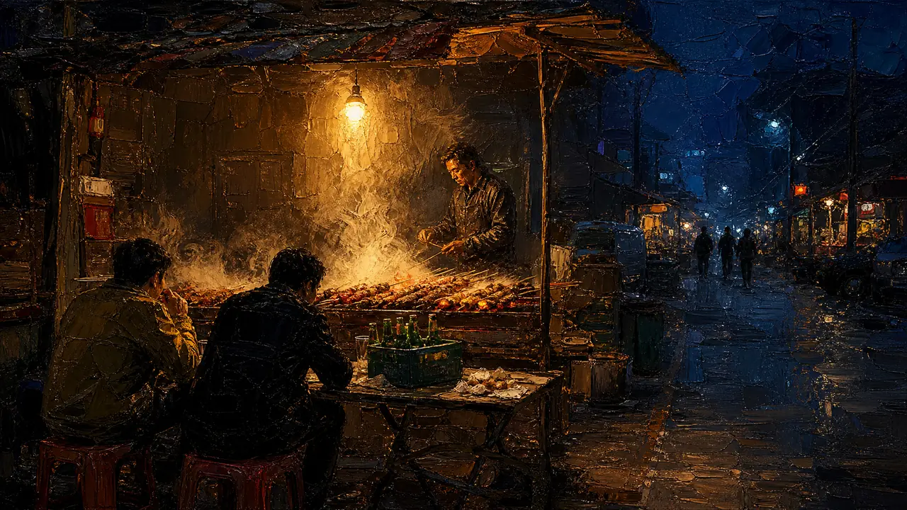 ai绘画夜宵摊怎么画才馋人？热气与灯色的七轮实测