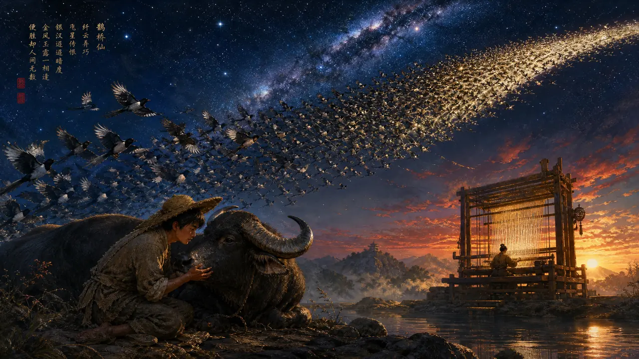 牛郎ai绘画别画歪：鹊桥星河、老牛与织女机的霞光，七夕传说神话场景画法