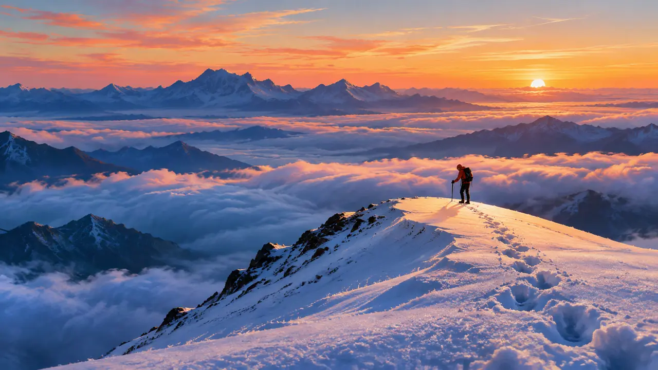 ai 绘画征服主题怎么画：登山者站上山顶那一刻，脚印和云海才是主角