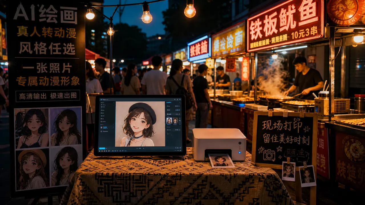 摆摊ai 绘画实测：周末夜市支一晚卖定制画像，设备定价和那晚的真实账
